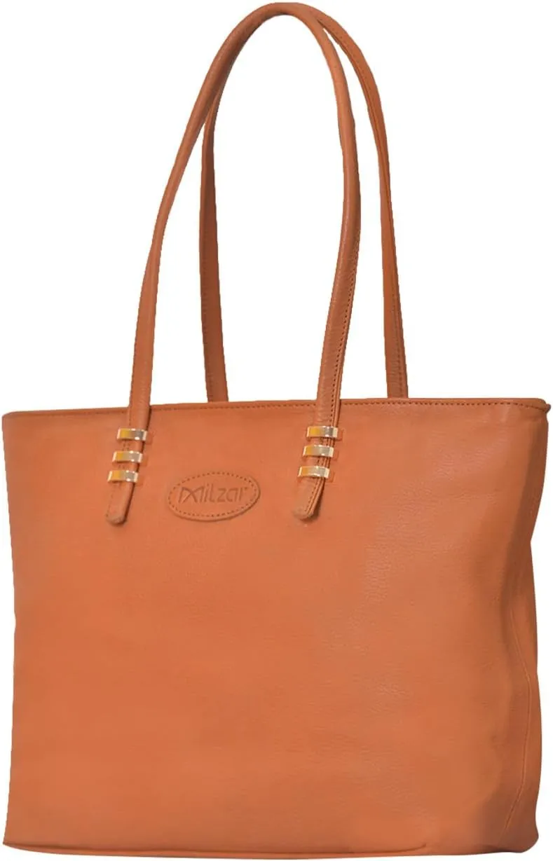Leather Tote Shoulder Bag for Women - Cow Skin Leather, Large Compartment, Multiple Pockets, Strong Metal Zipper