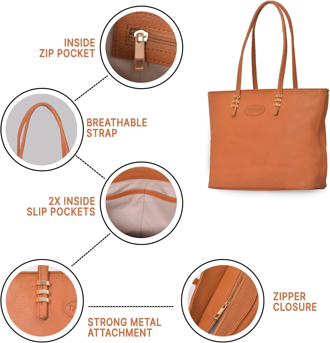 Leather Tote Shoulder Bag for Women - Cow Skin Leather, Large Compartment, Multiple Pockets, Strong Metal Zipper