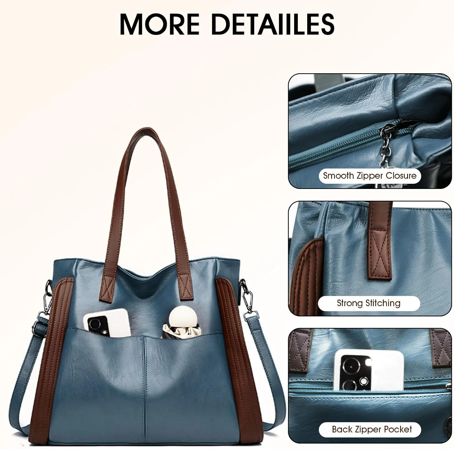 Leather women tote bag: handbag purse for ipad books phone - shoulder satchel with strap adjustable for girls ladies females