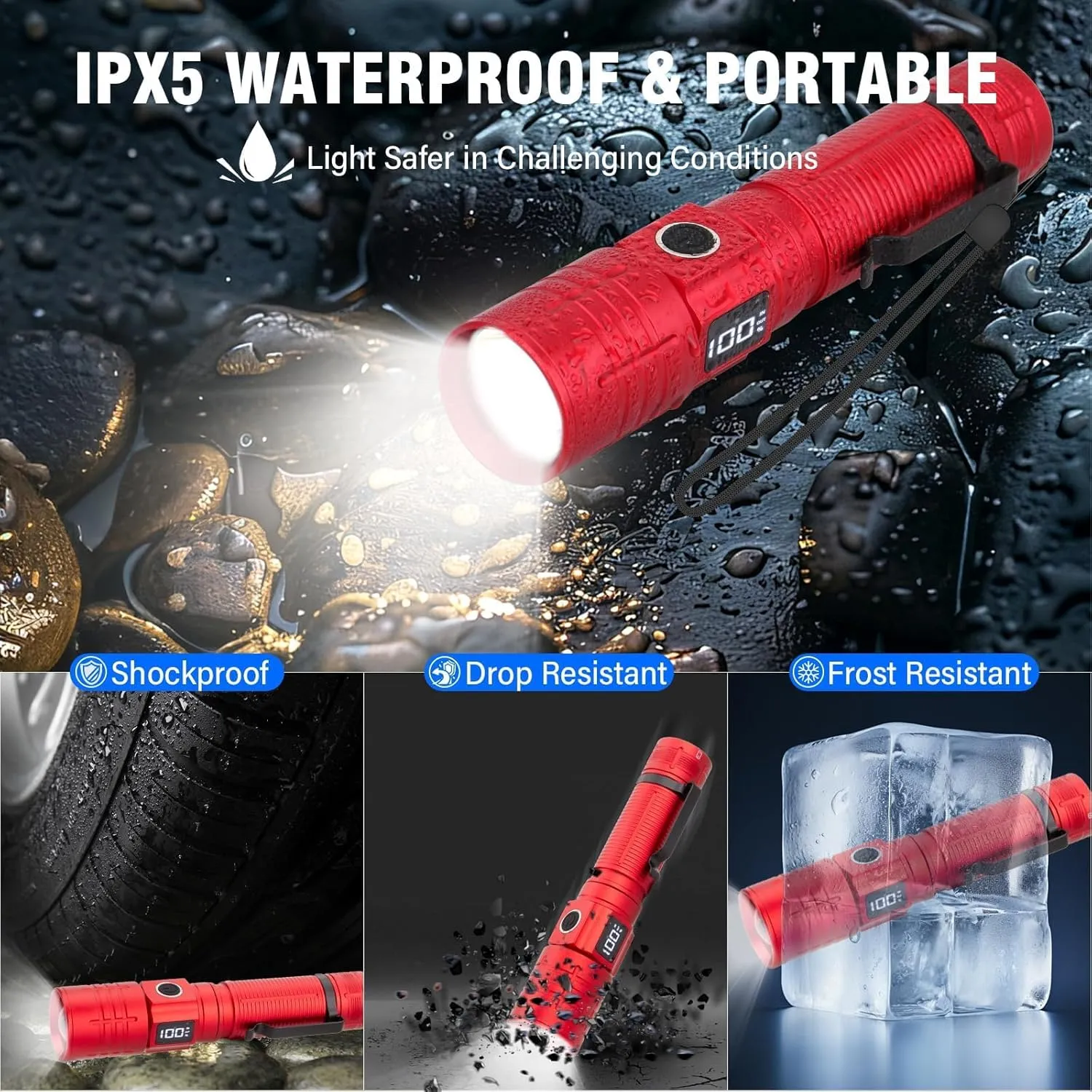 LED Flashlight, High Powered Super Bright Tactical Flashlight, Rechargeable Flashlights High Lumens, 6 Modes Zoomable Waterproof Flash Lights for Emergency, Camping, Hiking (Black Red)