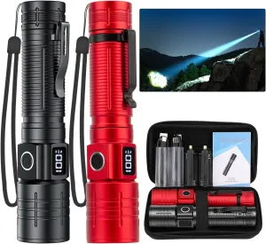 LED Flashlight, High Powered Super Bright Tactical Flashlight, Rechargeable Flashlights High Lumens, 6 Modes Zoomable Waterproof Flash Lights for Emergency, Camping, Hiking (Black Red)
