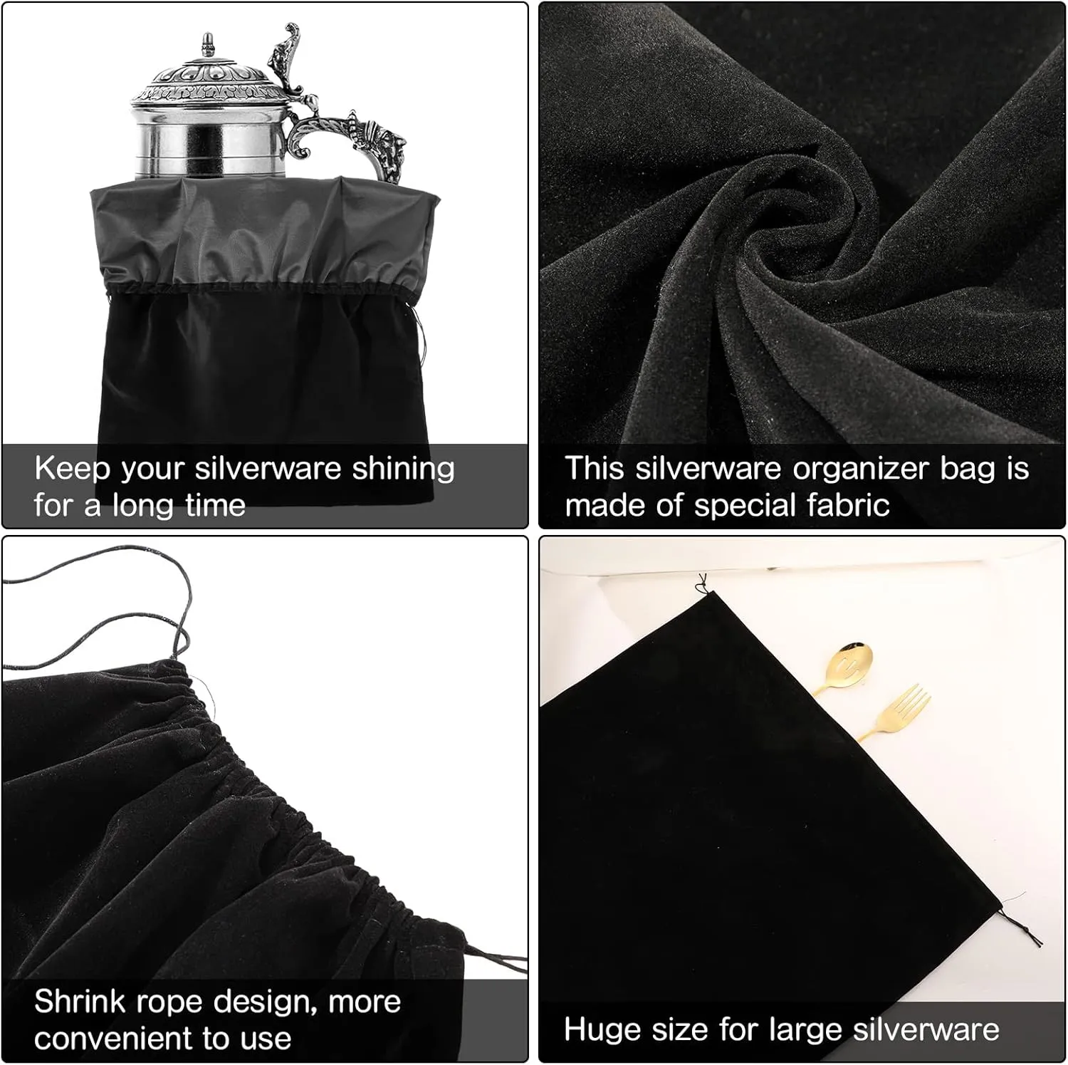 LEIFIDE 2 Pcs Large Size Silver Storage Bags Anti Tarnish Cloth Bags Jewelry Drawstring Pouch Cloth for Gift Watch Silverware Flatware Bracelet(30" X 24",Black)