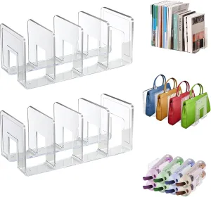 Lemical Clear Acrylic File Sorter 2 Pack Handbag Clutch Purse Organizer Acrylic Shelf Divider Drawer Organizers for Clothes Pouch Notebooks Stand Bookshelf Cooking Utensil (2Pack-4Sections)