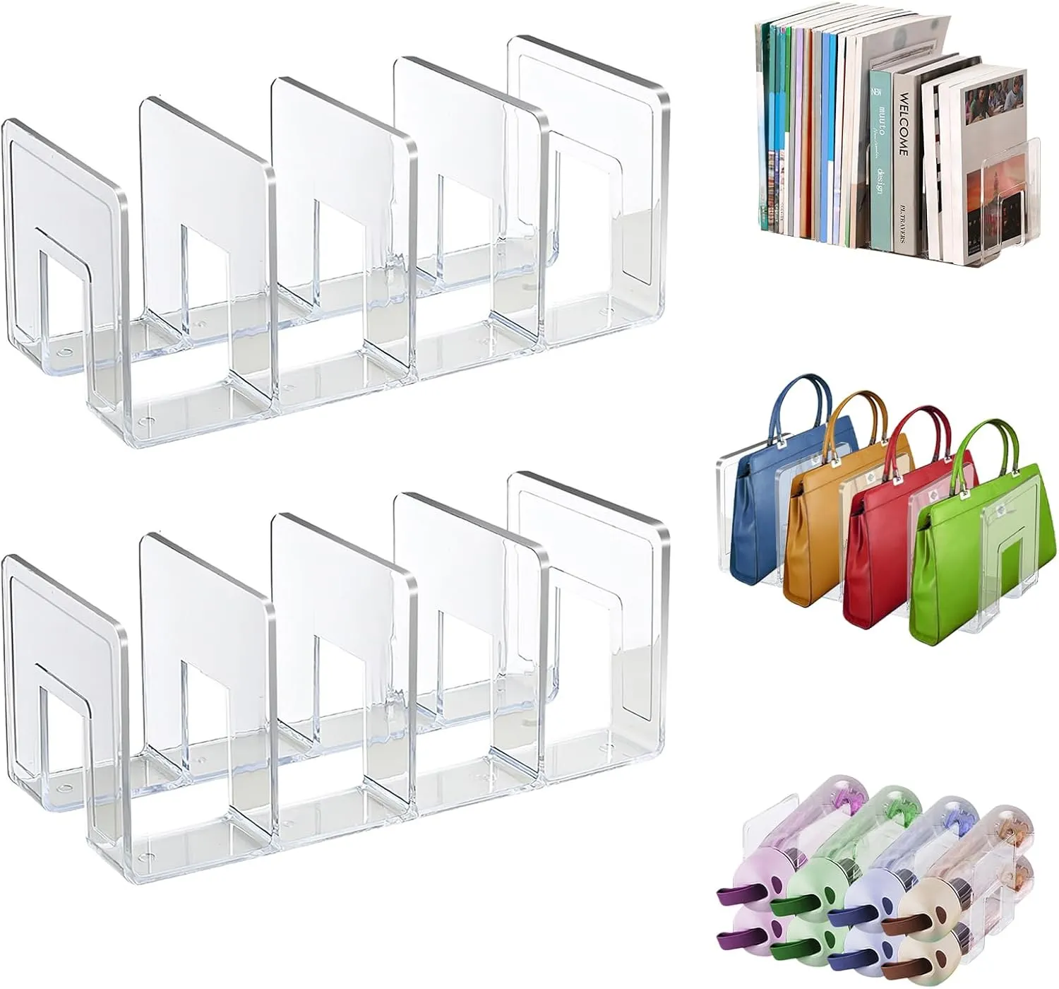 Lemical Clear Acrylic File Sorter 2 Pack Handbag Clutch Purse Organizer Acrylic Shelf Divider Drawer Organizers for Clothes Pouch Notebooks Stand Bookshelf Cooking Utensil (2Pack-4Sections)