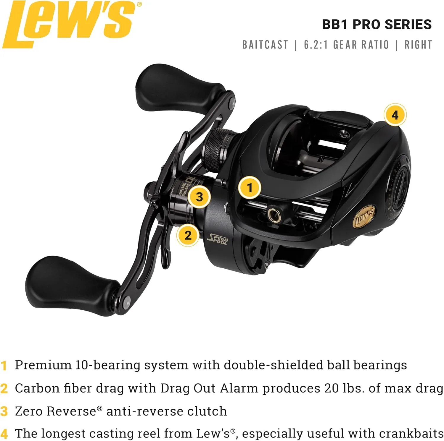 Lew's BB1 Pro Baitcast Fishing Reel, 10 Bearing System with Stainless Steel Double Shielded Ball Bearings
