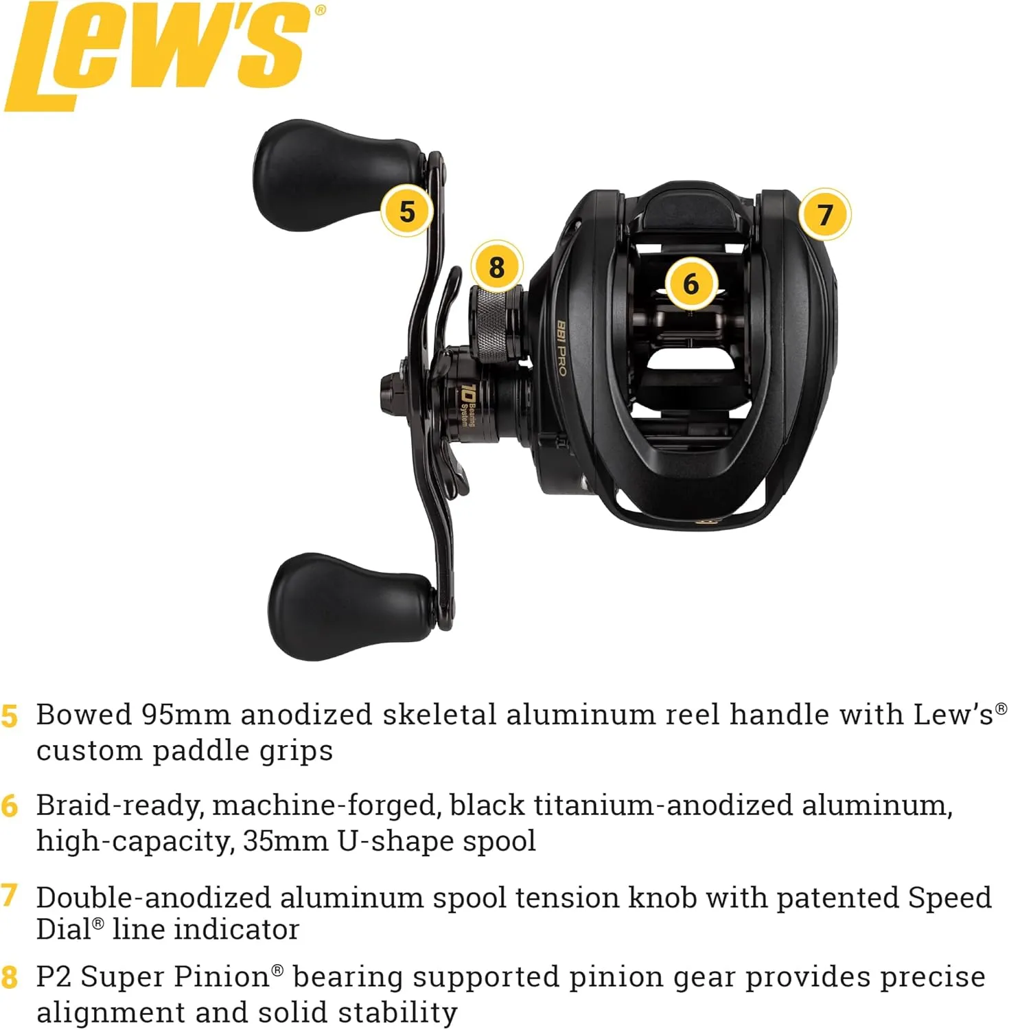Lew's BB1 Pro Baitcast Fishing Reel, 10 Bearing System with Stainless Steel Double Shielded Ball Bearings