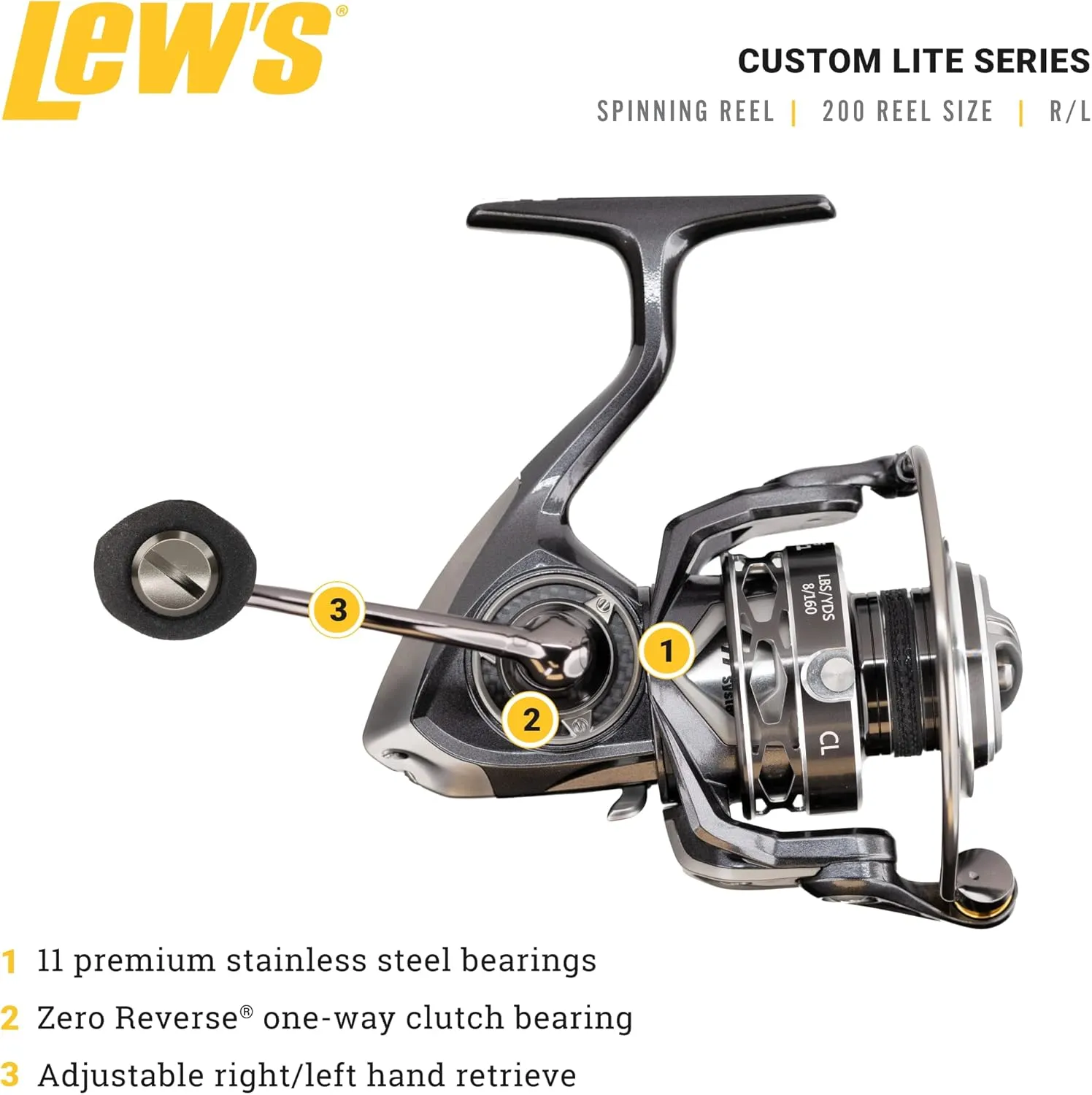 Lew's Custom Lite SLP Baitcast Fishing Reel, 7.5:1 Gear Ratio, 11 Bearing System with Stainless Steel Double Shielded Ball Bearings