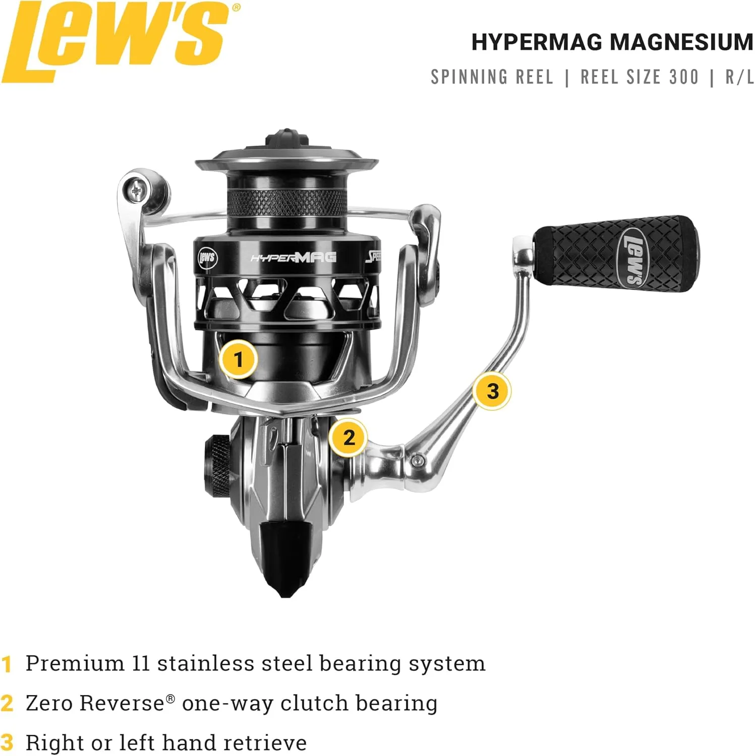 Lew's HyperMag Spinning Fishing Reel, 6.2:1 Gear Ratio, Right or Left-Hand Retrieve, Magnesium Frame, Premium 11 Stainless Steel Ball Bearings