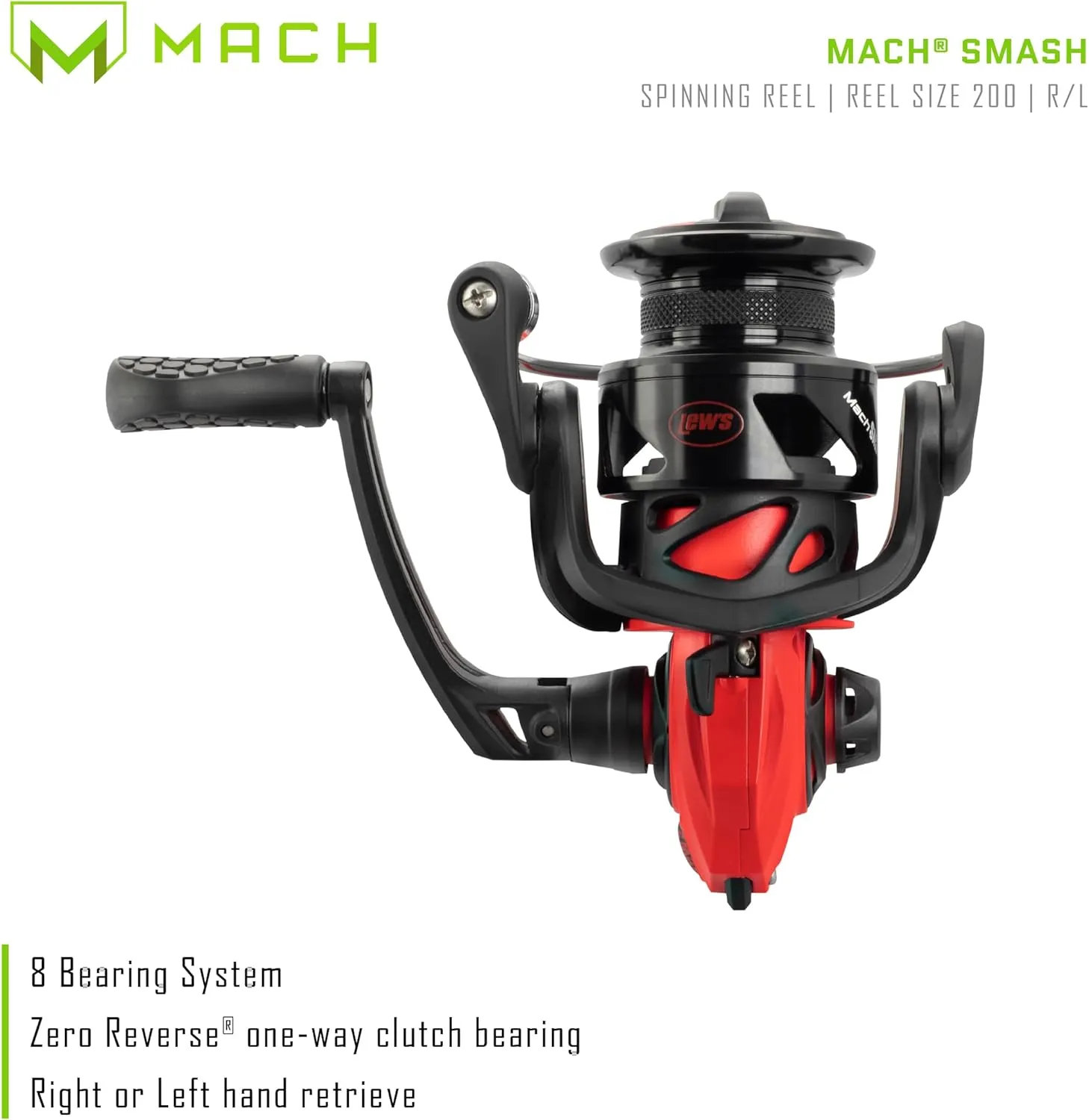 Lew's MACH Smash Speed Spin Spinning Fishing Reel, 6.2:1 Gear Ratio, Right or Left-Hand Retrieve, Graphite Frame, Premium 8 Bearing System, Fluorescent Red
