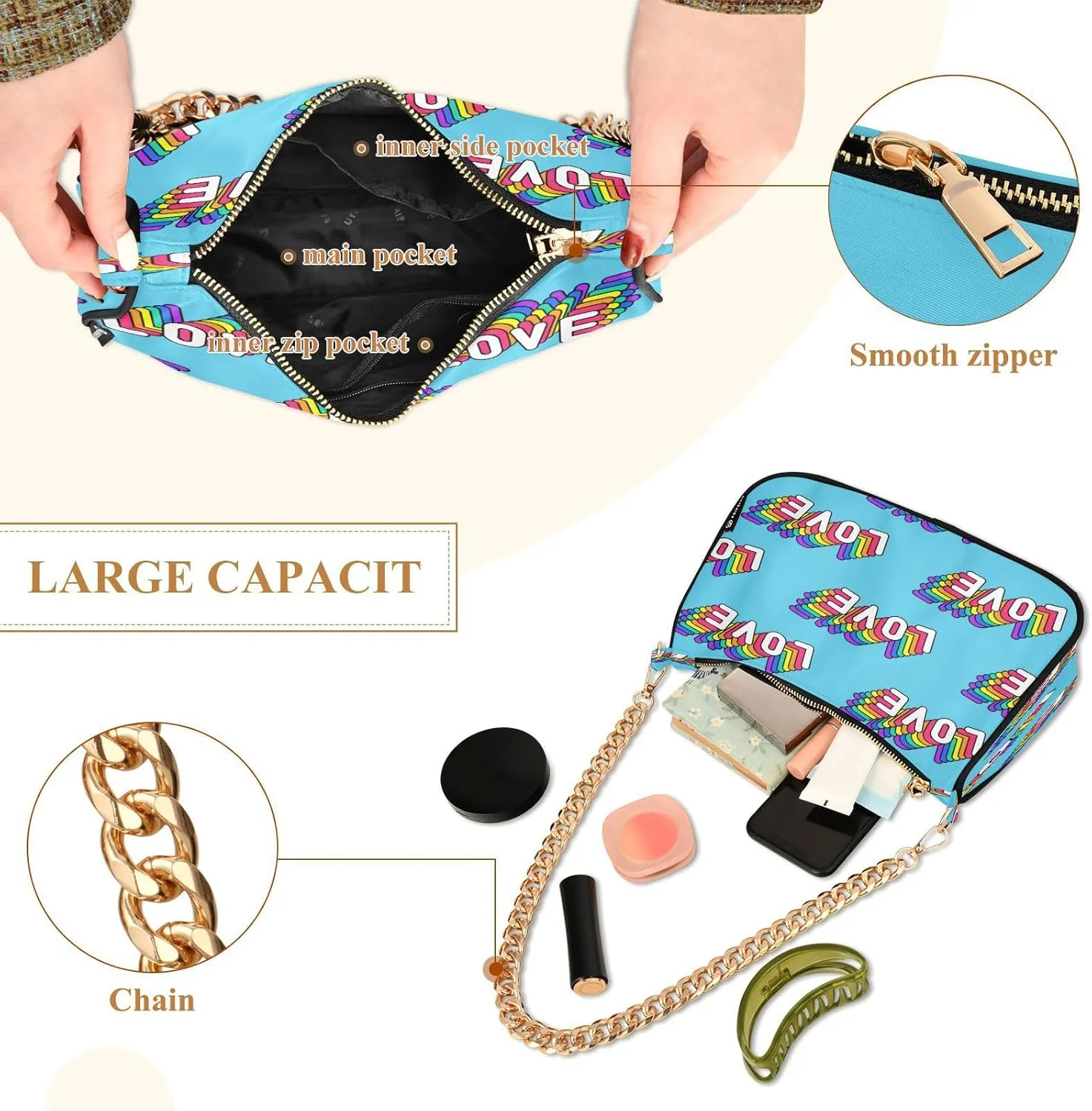 Lgbt Pride Shoulder Bag for Women Hobo Tote Handbag Gold Chain Crossbody Bag with Zipper Clutch Purse Handbags