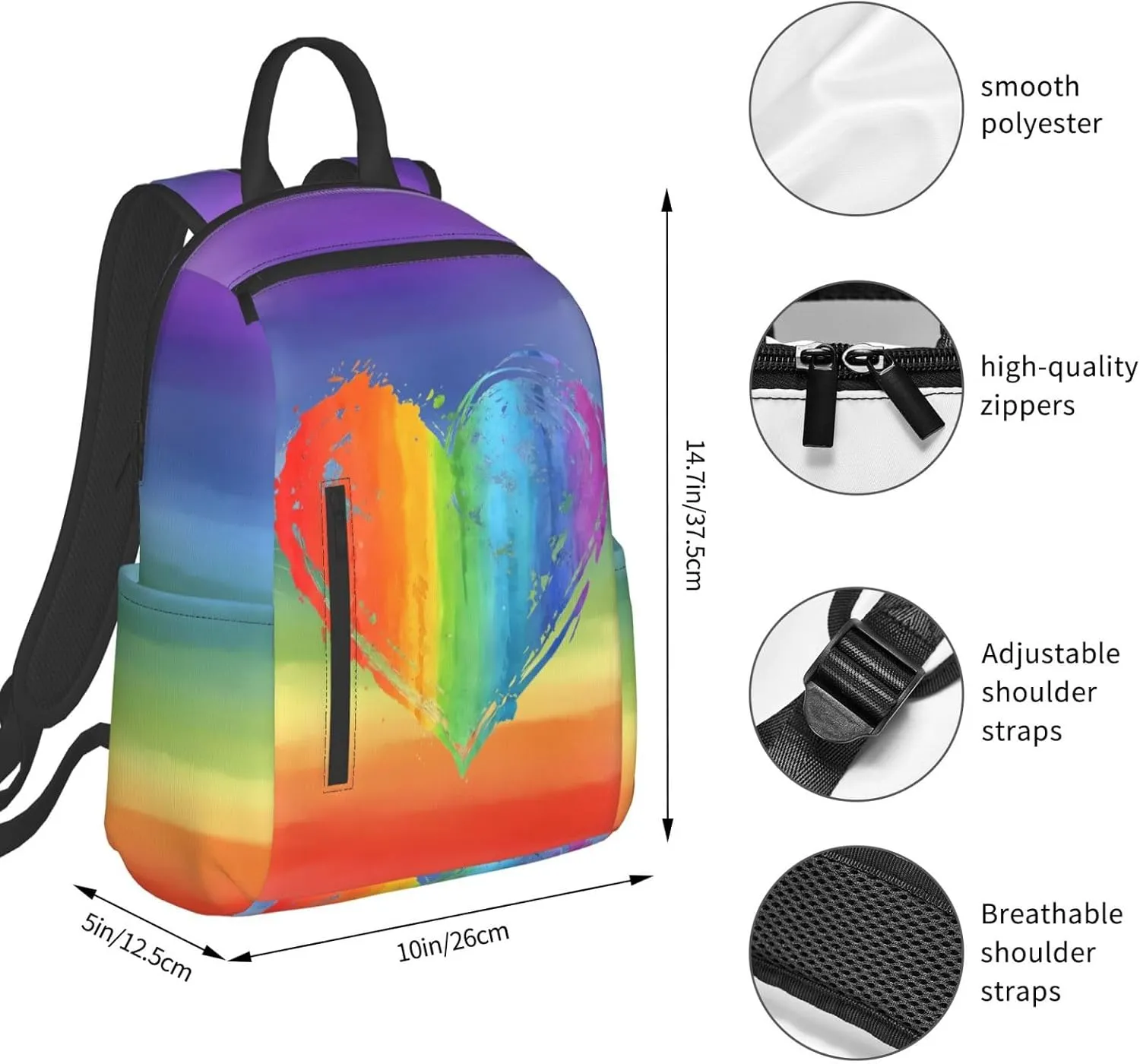 LGBT Rainbow Gay Pride Heart Travel Laptop Backpack Casual Backpacks Double Shoulder Daypack Notebook Rucksack Work Bags Sports Bag for Gym Hiking Camping Beach