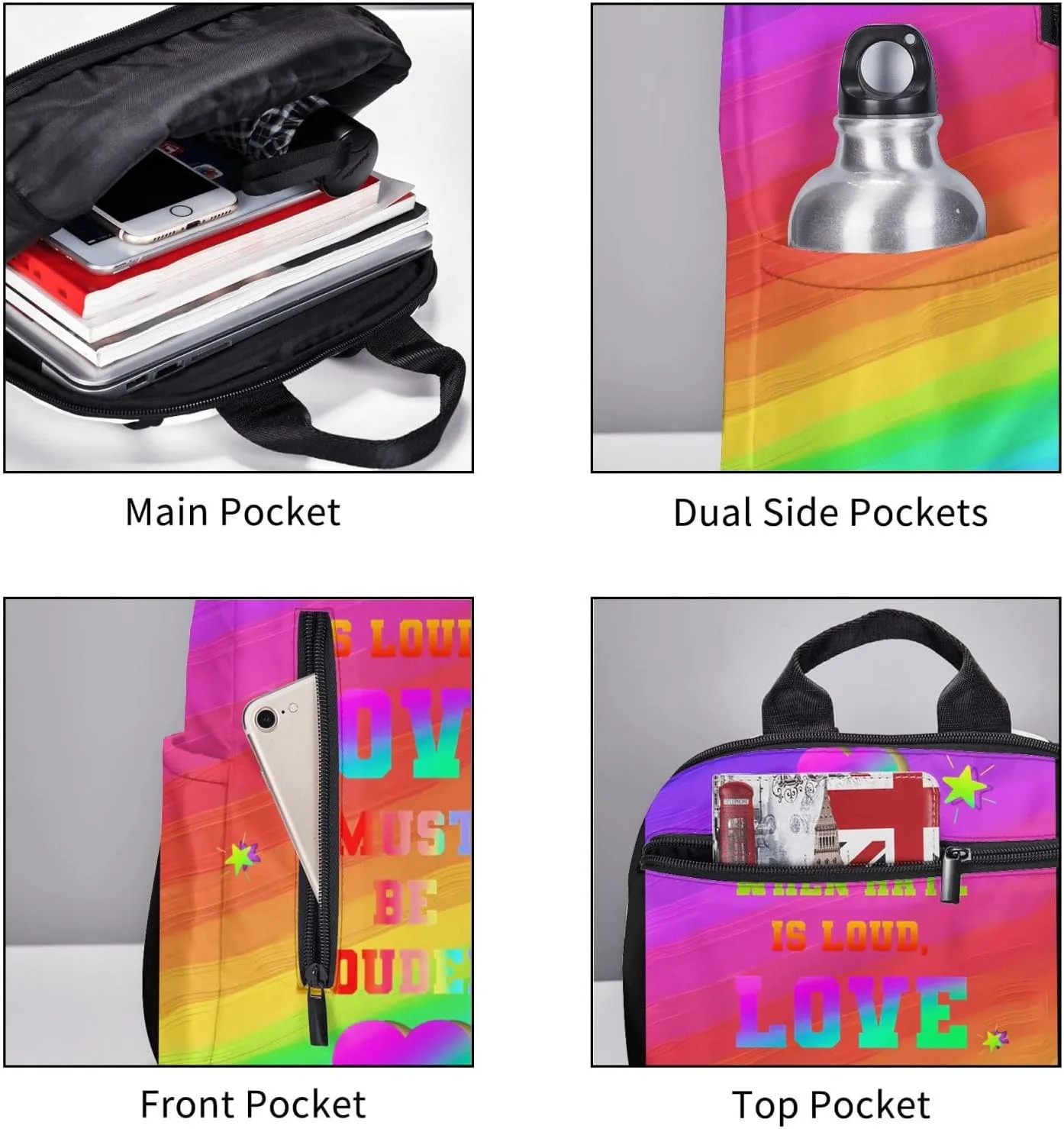 LGBT Rainbow Gay Pride Love Must Be Louder Travel Laptop Backpack Casual Backpacks Double Shoulder Daypack Notebook Rucksack Work Bags Sports Bag for Gym Hiking Camping Beach