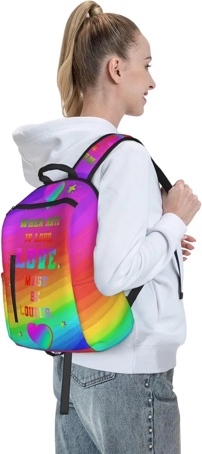 LGBT Rainbow Gay Pride Love Must Be Louder Travel Laptop Backpack Casual Backpacks Double Shoulder Daypack Notebook Rucksack Work Bags Sports Bag for Gym Hiking Camping Beach