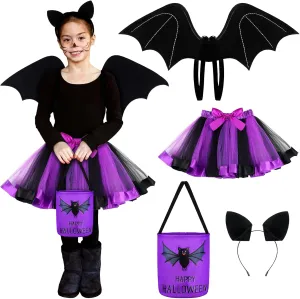 Liitrsh 4 Pcs Halloween Bat Costume for Kids Bat Tutu Skirt Wing Ears Costume Headband Candy Bag Bucket