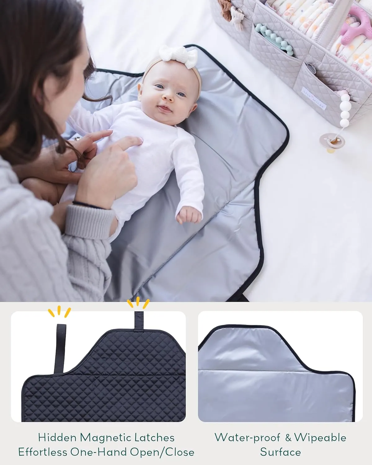 Lily Miles Baby Changing Pad Portable, Diaper Changing Mat with Magnetic Latches, Travel Pad for Diaper Bag, Baby Essentials, Wipeable & Waterproof Mat (Black Twill, Large)