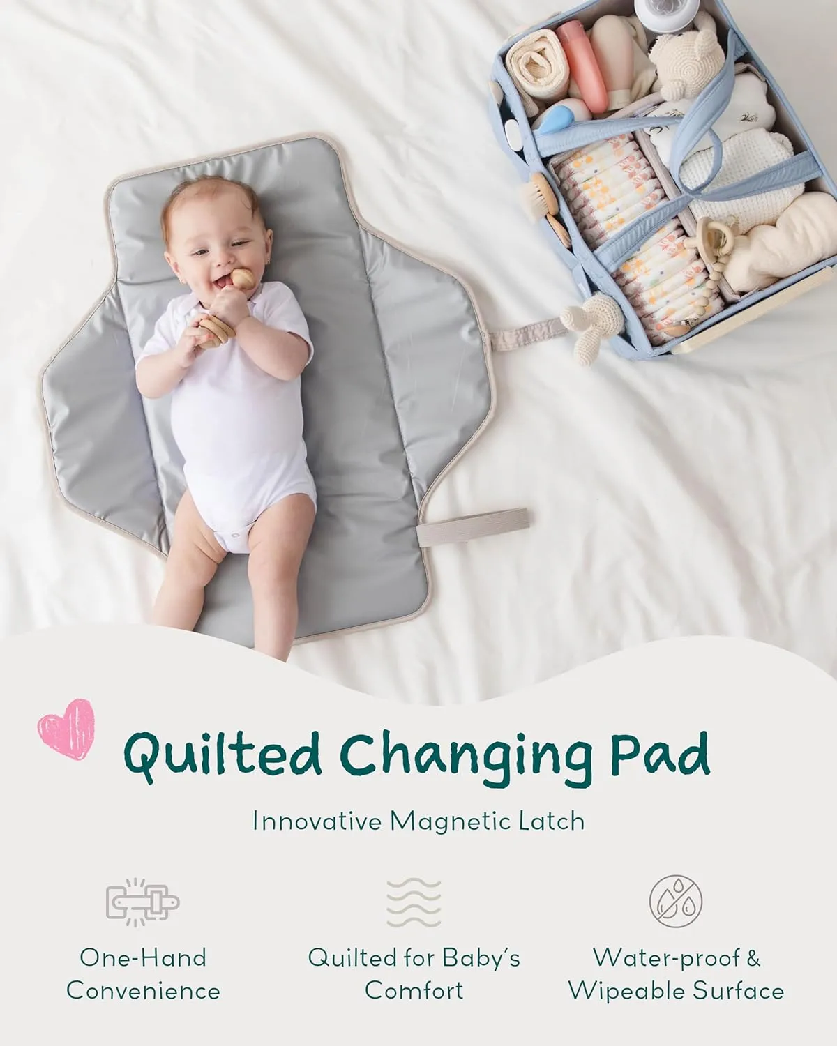 Lily Miles Baby Changing Pad Portable, Diaper Changing Mat with Magnetic Latches, Travel Pad for Diaper Bag, Baby Essentials, Wipeable & Waterproof Mat (Black Twill, Large)