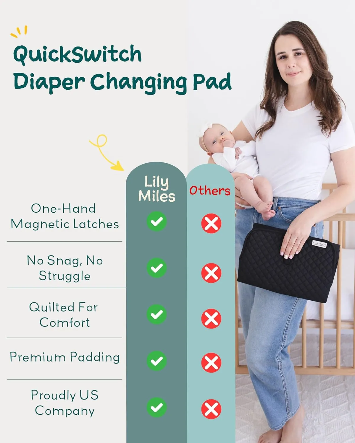Lily Miles Baby Changing Pad Portable, Diaper Changing Mat with Magnetic Latches, Travel Pad for Diaper Bag, Baby Essentials, Wipeable & Waterproof Mat (Black Twill, Large)