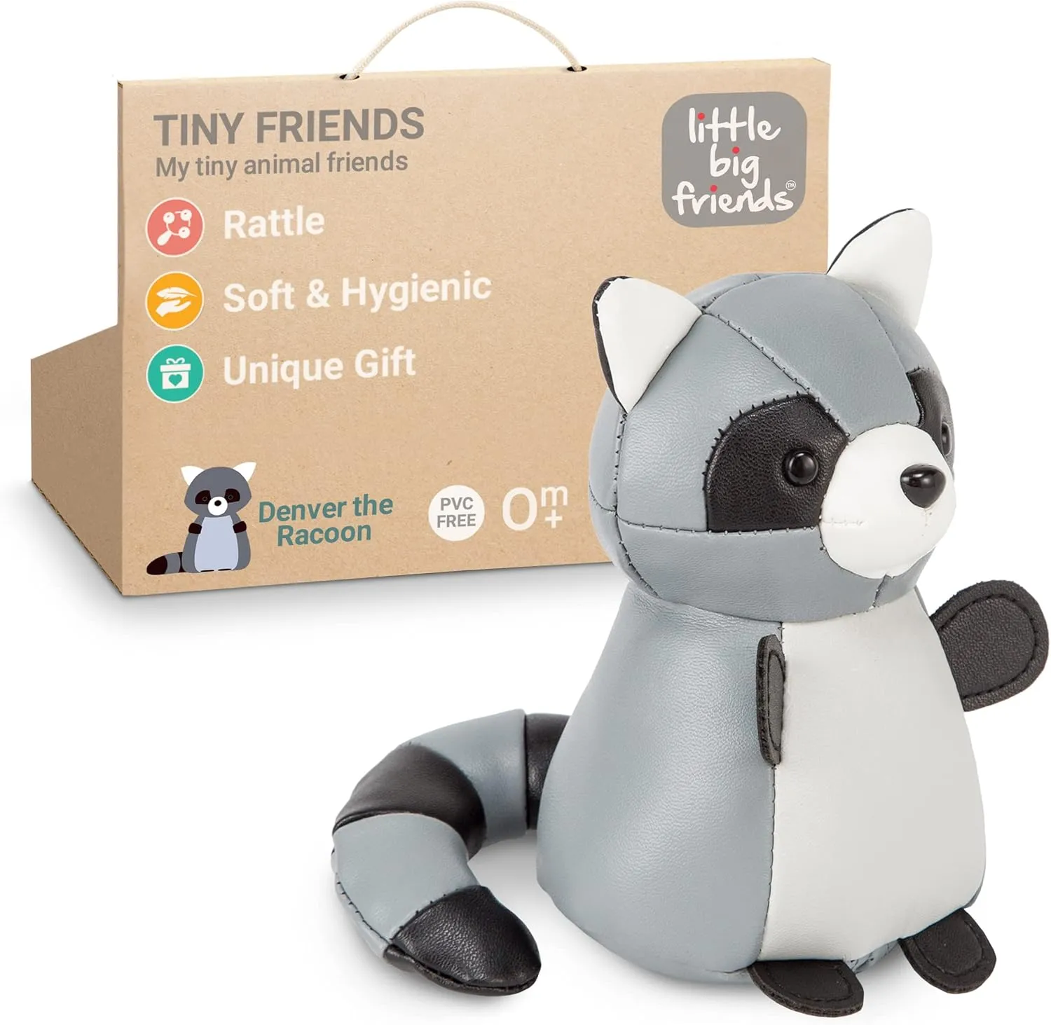 Little Big Friends Tiny Friends | Rattle Toy | Special Stuffed Animal | Easy to Clean | Denver The Racoon