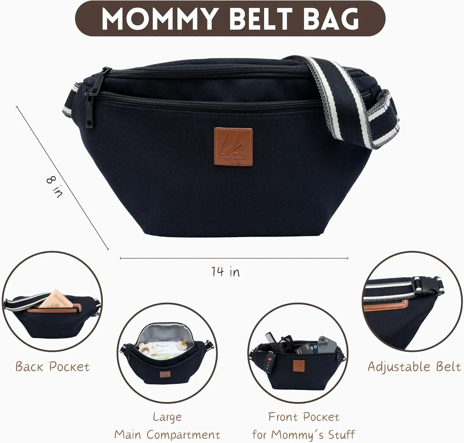 LK Mommy Bag For Hospital, Belt Bag & Shoulder Strap, Labor Delivery Baby Diaper Bag & Waist Bag, Large Capacity Travel Bag (BLACK)