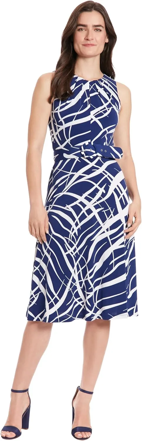 London Times Women's Sleeveless Jersey Keyhole Belted Midi Dress