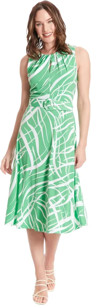 London Times Women's Sleeveless Jersey Keyhole Belted Midi Dress