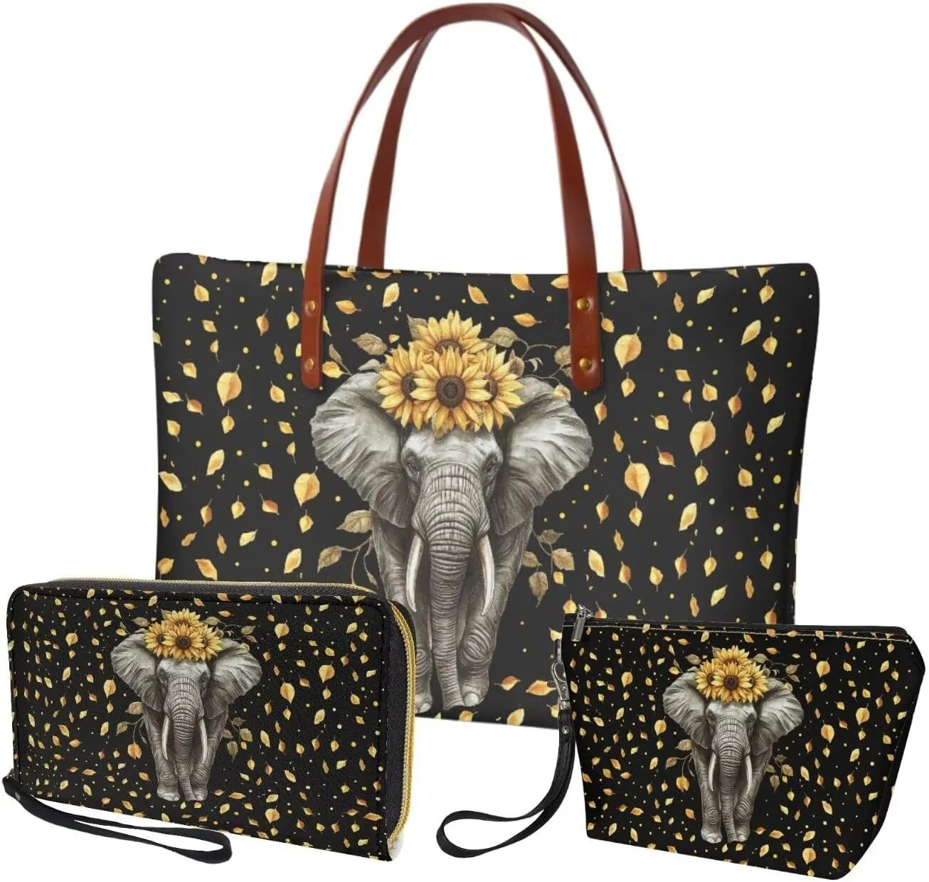 Lotusorchid Tote Bag for Women, 3Pcs Top Handle Satchel Purse Handbag with PU Leather Matching Wallet Cosmetic Bag