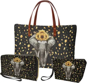 Lotusorchid Tote Bag for Women, 3Pcs Top Handle Satchel Purse Handbag with PU Leather Matching Wallet Cosmetic Bag