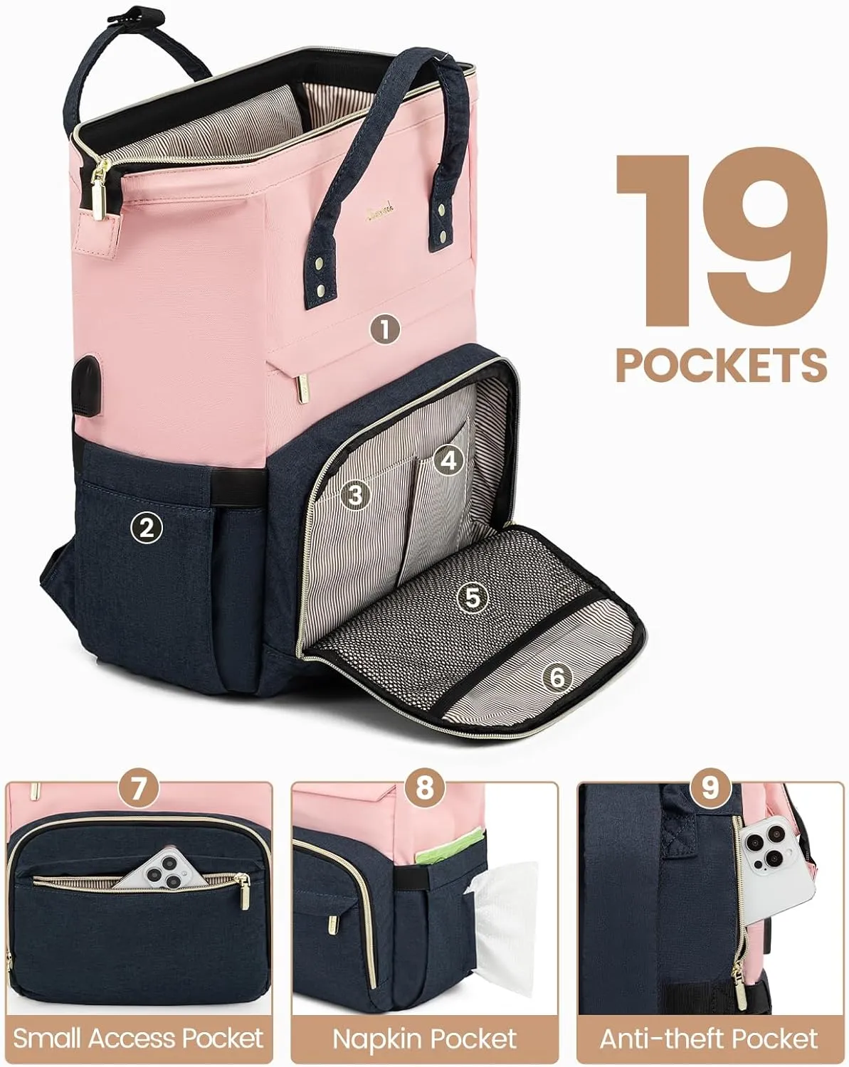 LOVEVOOK Laptop Backpack for Women Fashion Business Computer Backpacks Travel Bags Purse Doctor Nurse Work Backpack with USB Port, Fits 17-Inch Laptop Pink Navy