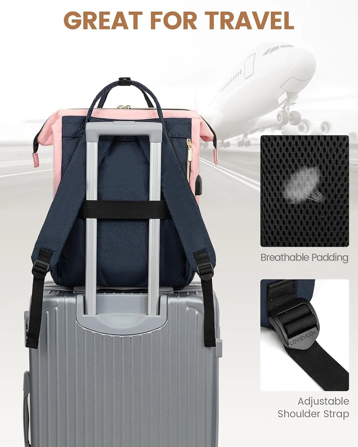 LOVEVOOK Laptop Backpack for Women Fashion Business Computer Backpacks Travel Bags Purse Doctor Nurse Work Backpack with USB Port, Fits 17-Inch Laptop Pink Navy