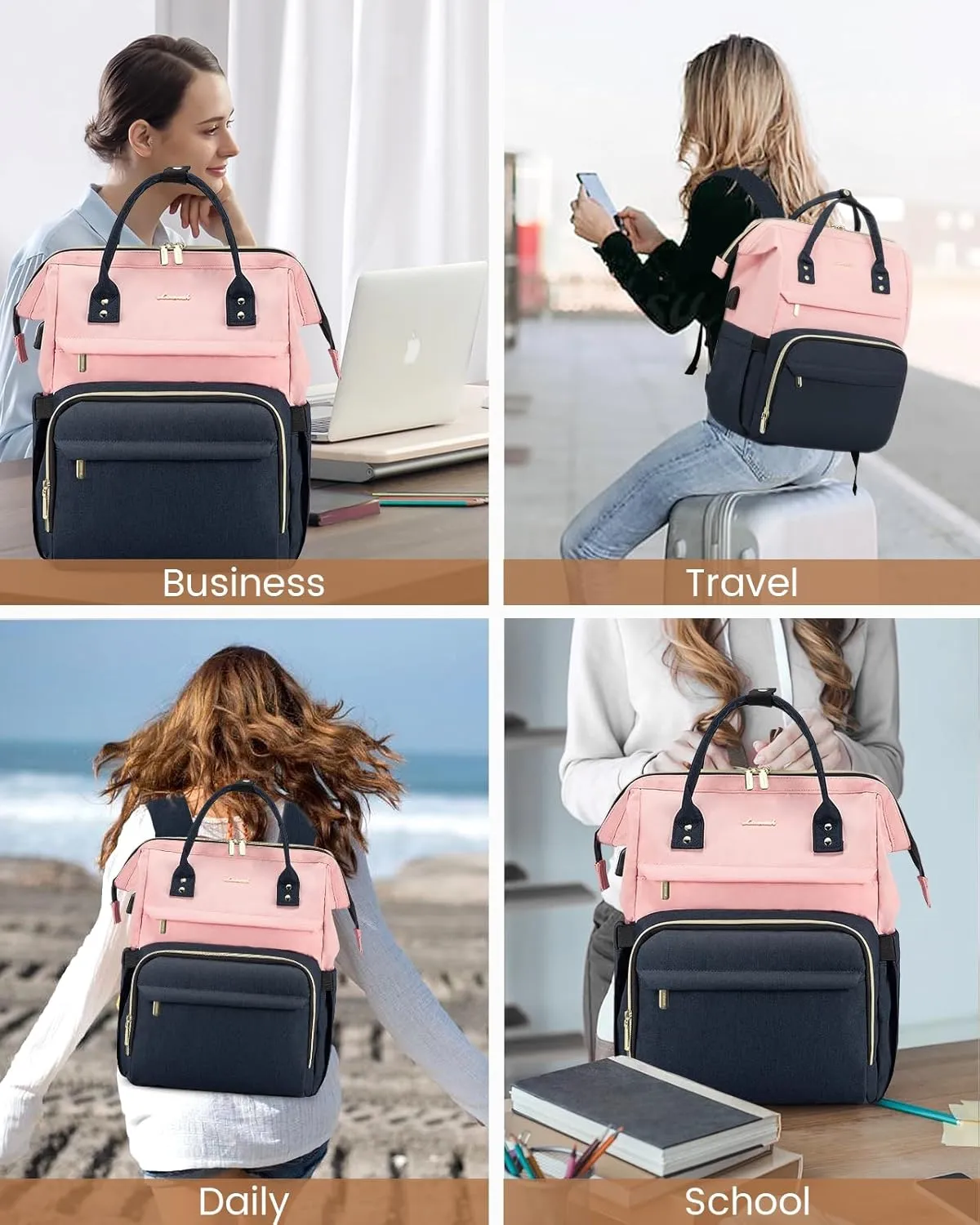 LOVEVOOK Laptop Backpack for Women Fashion Business Computer Backpacks Travel Bags Purse Doctor Nurse Work Backpack with USB Port, Fits 17-Inch Laptop Pink Navy