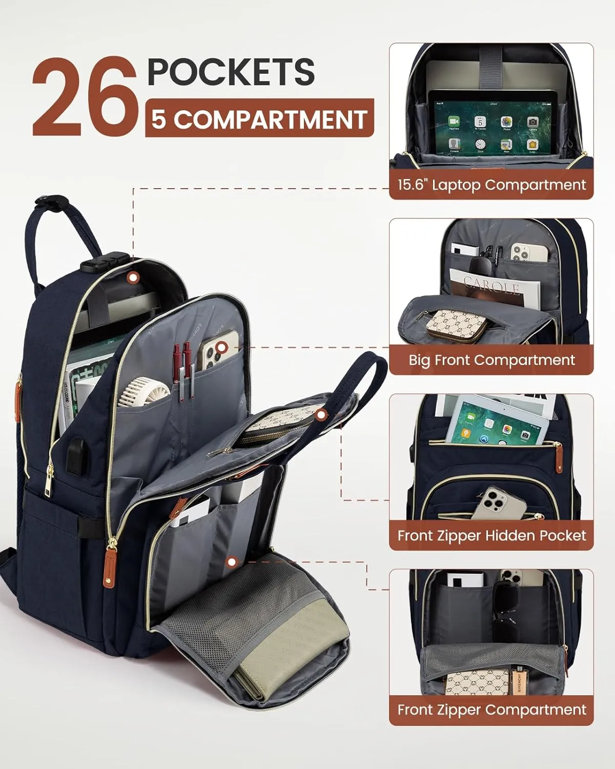 LOVEVOOK Laptop Backpack for Women, Unisex Travel Anti-theft Bag, Business Work Computer Backpacks Purse College Backpack for Men, Casual Hiking Daypack with Lock, 15.6 Inch, Navy