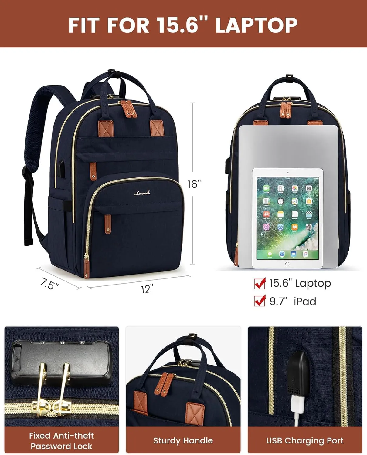 LOVEVOOK Laptop Backpack for Women, Unisex Travel Anti-theft Bag, Business Work Computer Backpacks Purse College Backpack for Men, Casual Hiking Daypack with Lock, 15.6 Inch, Navy
