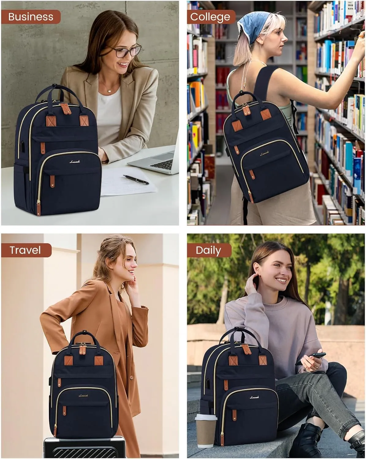 LOVEVOOK Laptop Backpack for Women, Unisex Travel Anti-theft Bag, Business Work Computer Backpacks Purse College Backpack for Men, Casual Hiking Daypack with Lock, 15.6 Inch, Navy