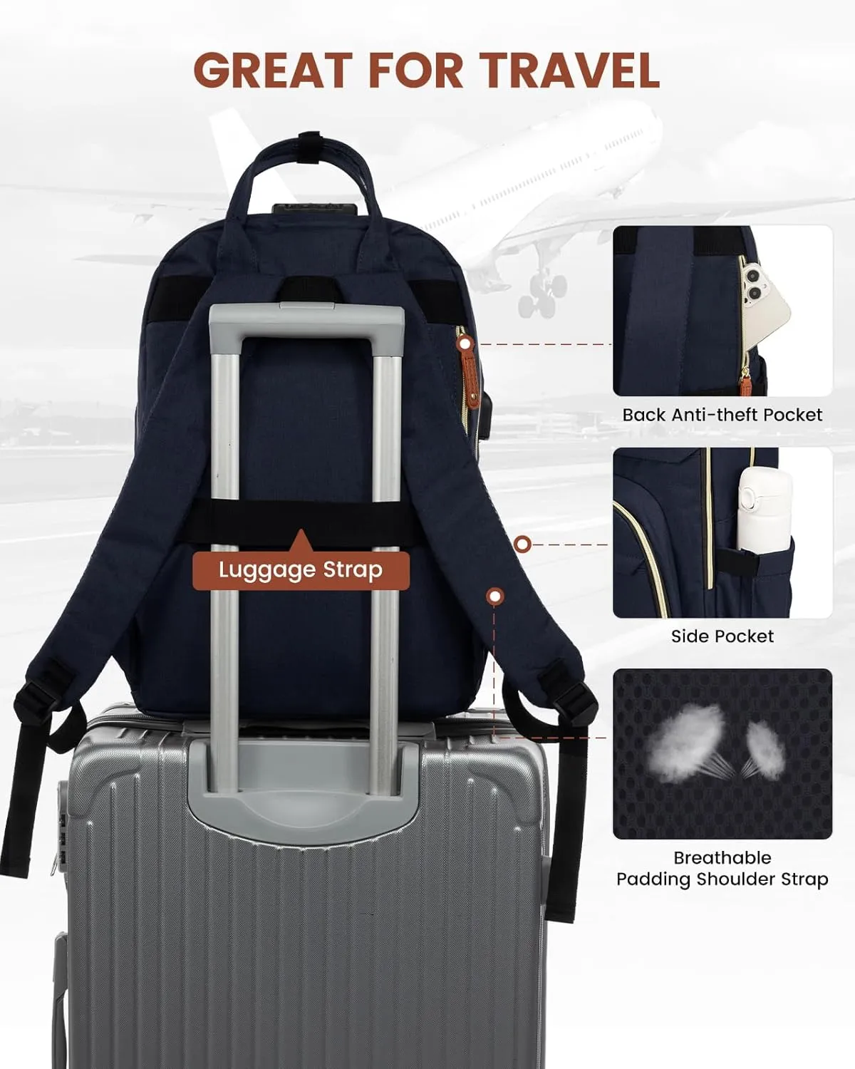 LOVEVOOK Laptop Backpack for Women, Unisex Travel Anti-theft Bag, Business Work Computer Backpacks Purse College Backpack for Men, Casual Hiking Daypack with Lock, 15.6 Inch, Navy