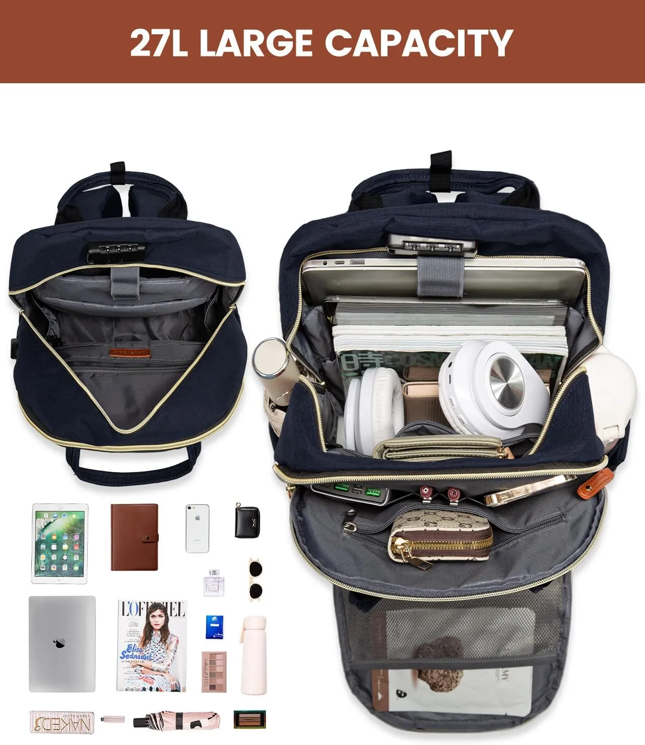 LOVEVOOK Laptop Backpack for Women, Unisex Travel Anti-theft Bag, Business Work Computer Backpacks Purse College Backpack for Men, Casual Hiking Daypack with Lock, 15.6 Inch, Navy