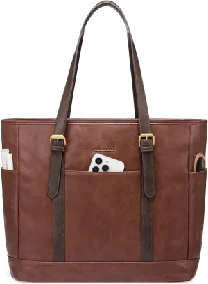 LOVEVOOK Laptop Tote Bag for Women,Vintage Leather Work Tote Bag for Women, 15.6 Inch Computer Briefcase Bag,Waterproof Teacher Business Office