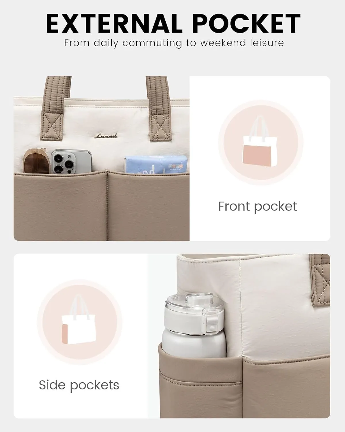 LOVEVOOK Puffer Tote Bag for Women, Lightweight Work Bag for Teacher, Nurse, Daily, Travel Tote Bag, Large Shoulder Bag,2Pcs