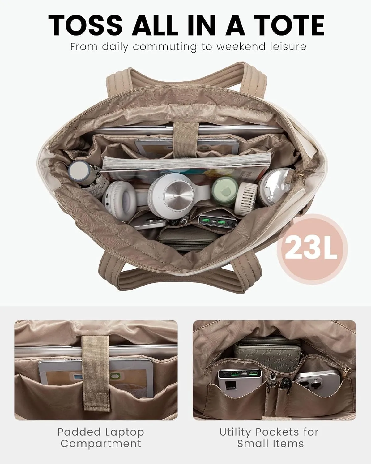 LOVEVOOK Puffer Tote Bag for Women, Lightweight Work Bag for Teacher, Nurse, Daily, Travel Tote Bag, Large Shoulder Bag,2Pcs