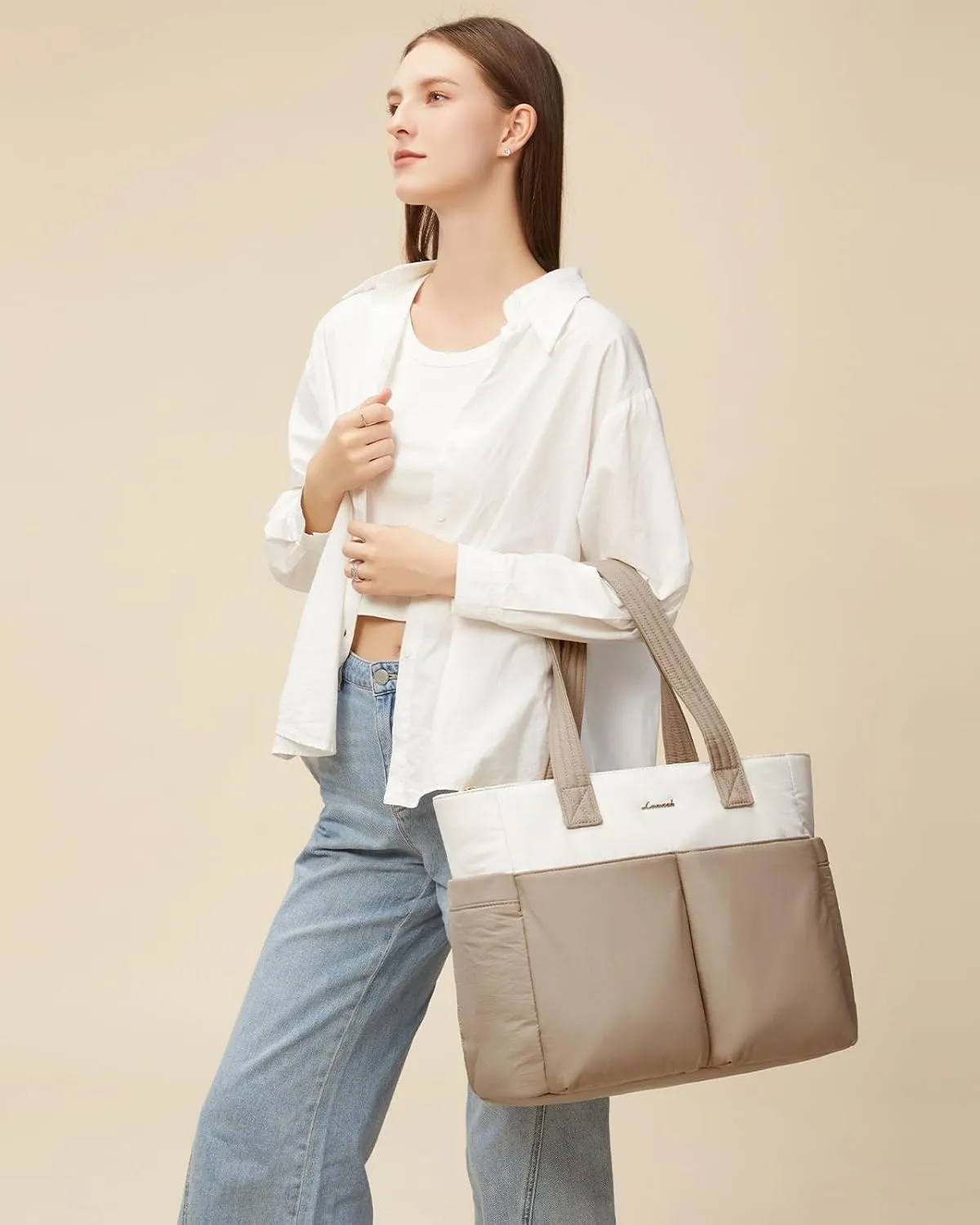 LOVEVOOK Puffer Tote Bag for Women, Lightweight Work Bag for Teacher, Nurse, Daily, Travel Tote Bag, Large Shoulder Bag,2Pcs