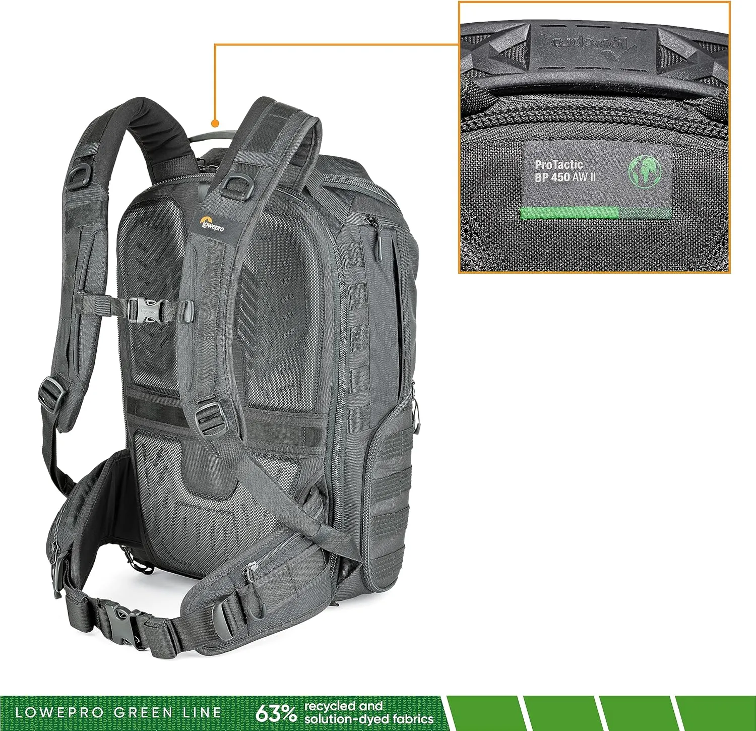 Lowepro ProTactic 450 AW II Black Pro Modular Backpack with Recycled Material, Camera Bag for Professional Use, for Laptop Up to 15", Backpack for Professional Cameras and Drones, LP37177-GRL, Black