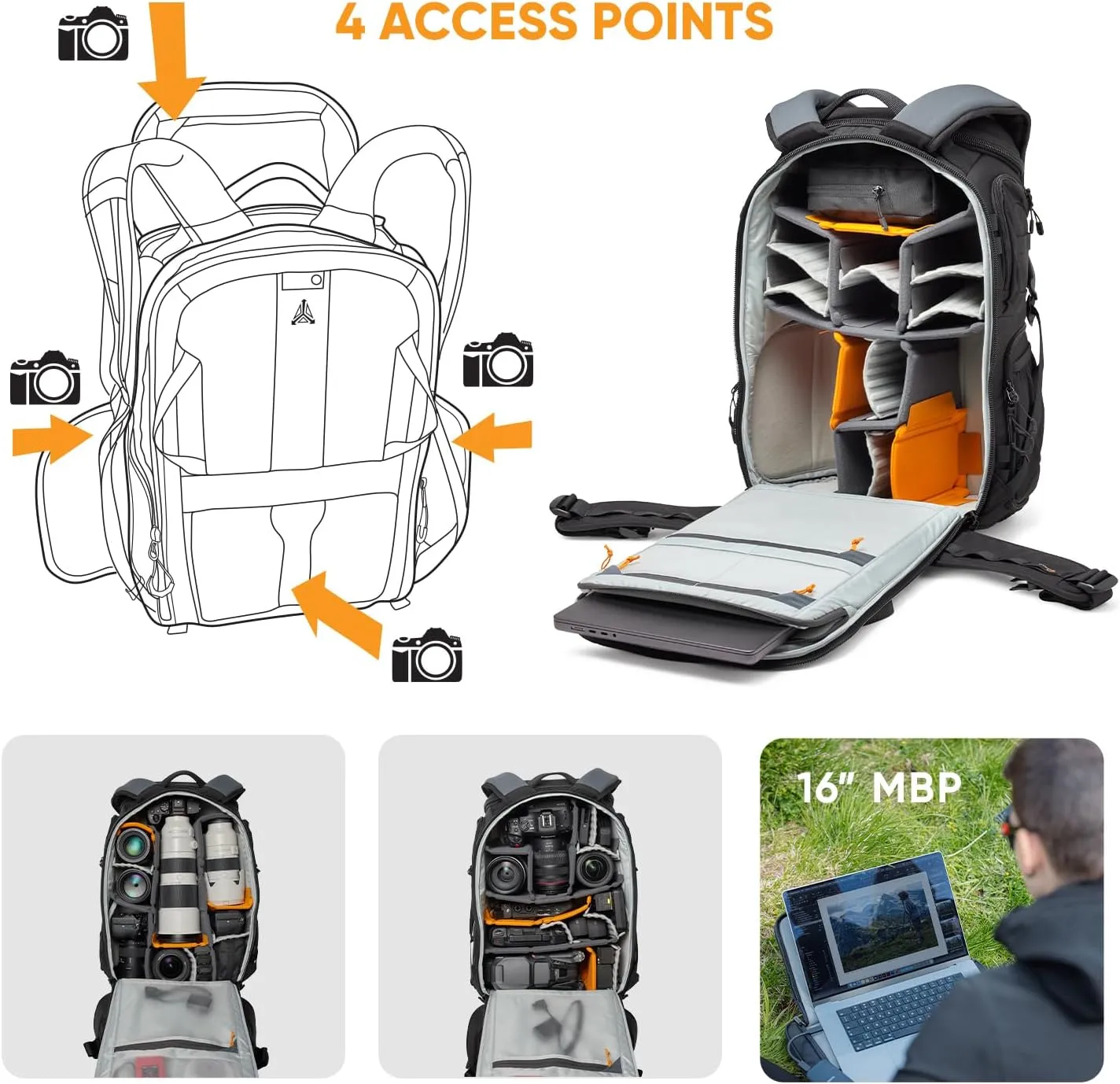 Lowepro ProTactic BP 450 AW III Camera Backpack, 4-Point Access, Professional Camera Bag, DSLR/Drones/Mirrorless, Up to 16" Laptop, Rain Cover, for Photographer,Videographer, Volume 28L