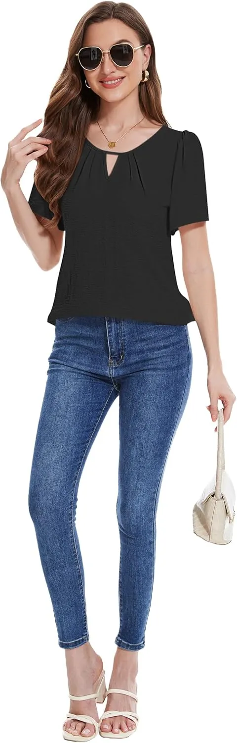 LOZ Womens Keyhole Business Casual Tops Short Sleeve Summer Shirts Office Dressy Blouses for Work Professional 2025