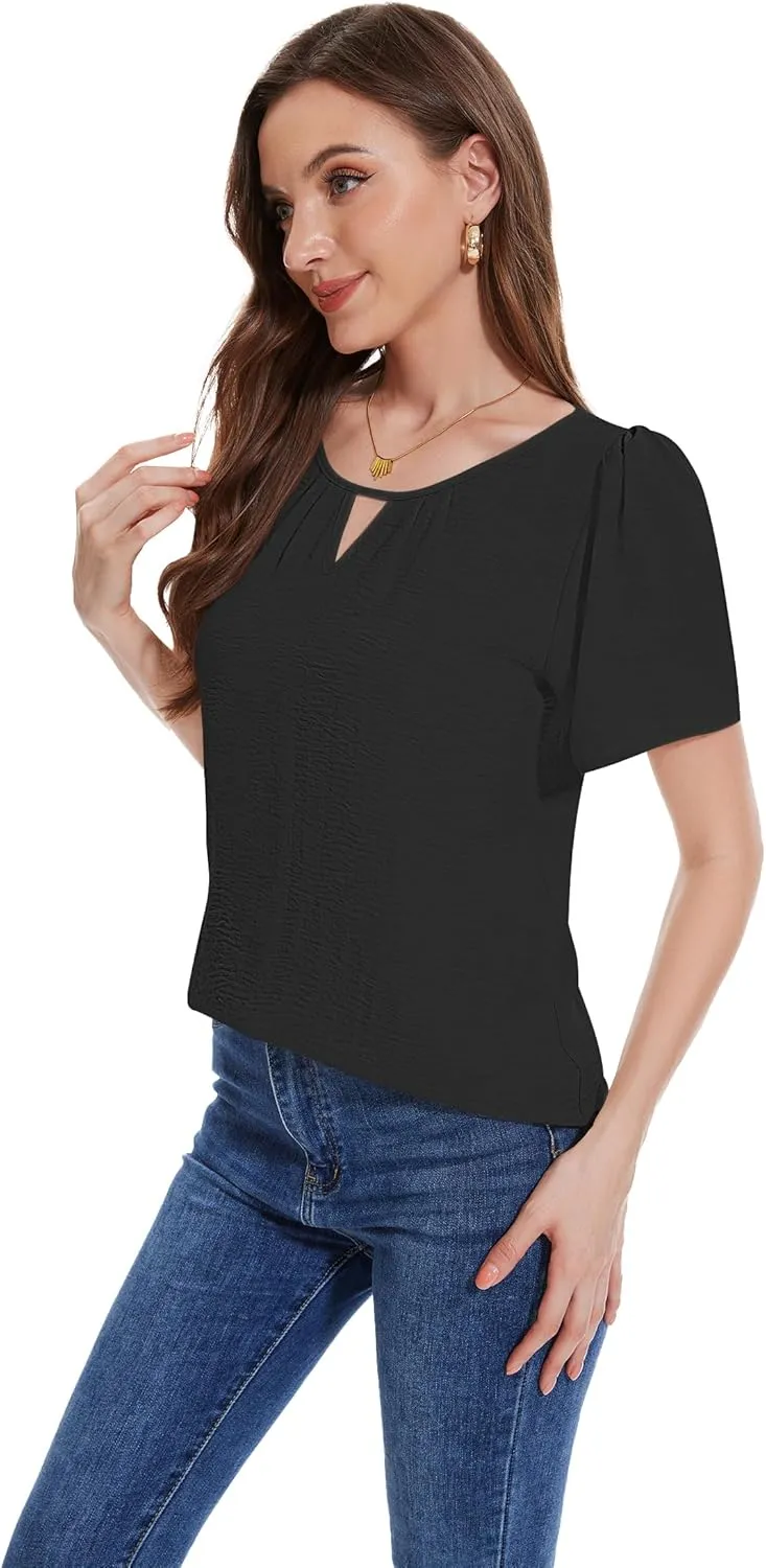 LOZ Womens Keyhole Business Casual Tops Short Sleeve Summer Shirts Office Dressy Blouses for Work Professional 2025
