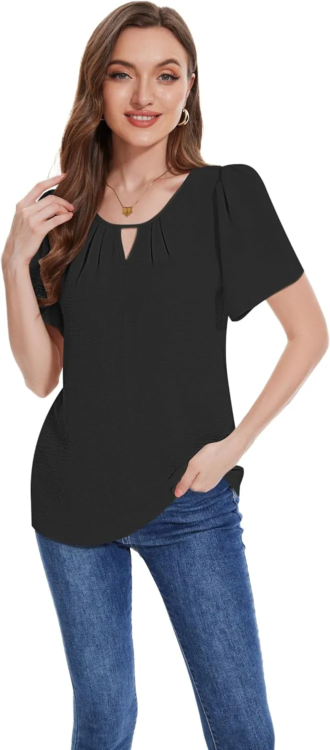 LOZ Womens Keyhole Business Casual Tops Short Sleeve Summer Shirts Office Dressy Blouses for Work Professional 2025