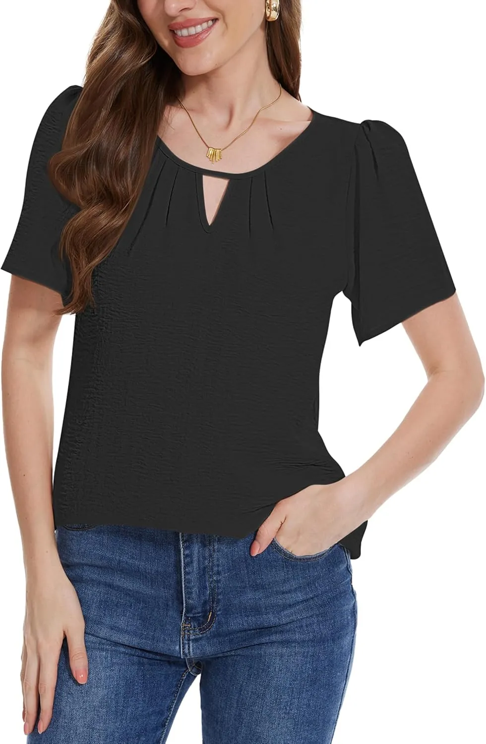 LOZ Womens Keyhole Business Casual Tops Short Sleeve Summer Shirts Office Dressy Blouses for Work Professional 2025
