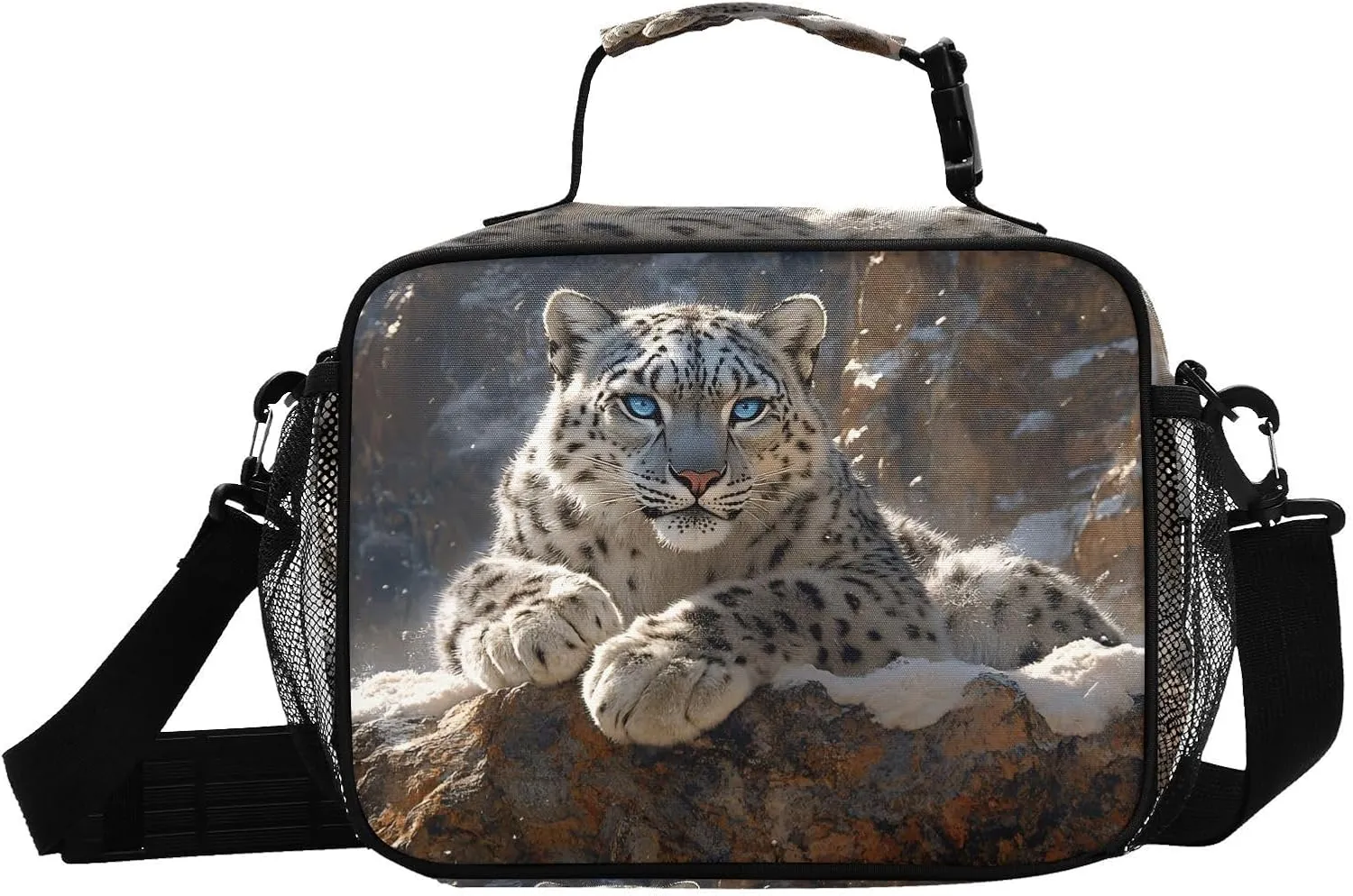 Lunch Boxes Snow Leopard Rocky Winter for Women Men Insulated Lunch Bag for Work, Picnic, Funny Cute Anime Cooler Tote Bag with Adjustable Shoulder Strap