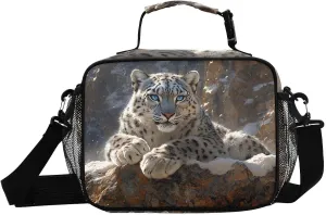 Lunch Boxes Snow Leopard Rocky Winter for Women Men Insulated Lunch Bag for Work, Picnic, Funny Cute Anime Cooler Tote Bag with Adjustable Shoulder Strap