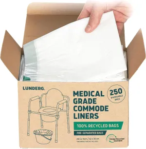 Lunderg Recycled Commode Liners - 250 Environment Friendly Portable Toilet Bags - Medical Grade Bedside Commode Liners Disposable - Universal Fit & Easy to Use - Absorbent Pads NOT included