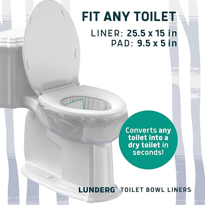 Lunderg Toilet Bowl Liners with Super Absorbent Pads - Value Pack 20 Count Universal Fit - Disposable Toilet Bags to Convert any Home, Boat or Camping Toilet in a Dry Toilet - Make Life so Much Easier