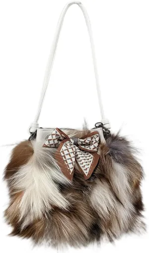 LVCOMEFF Women Natural Fox Fur Mini Handbag Bucket Bag Purse Drawstring Ribbon